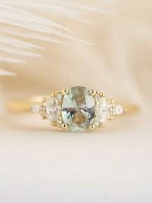 1pc New Mint Green Cubic Zirconia Ring, Simple Thin Stackable Rings Jewelry Gifts For Women & Men - Gold-b - View 7