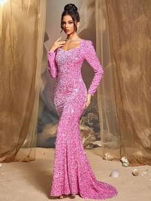 CHOSMO 新款秋季亮片长袖正式礼服，优雅修身高腰晚礼服，女士长款粉色春季派对婚纱礼服 - 粉色 - 查看 7