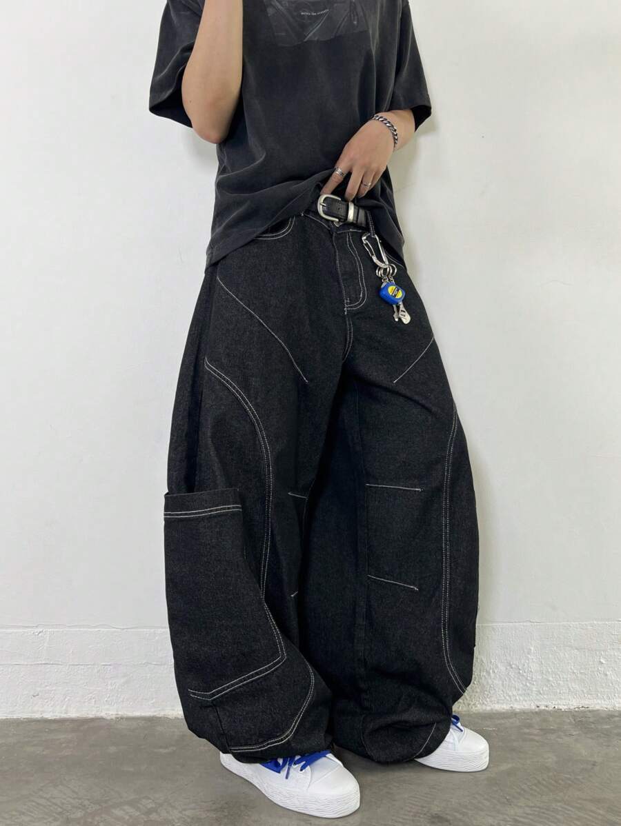 1件装休闲拼接男士宽松口袋做旧筒裤（不含腰带和配饰） - 黑色 - 查看 1