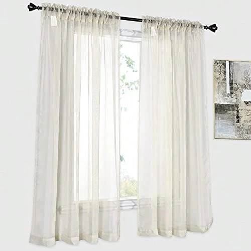 2 Panels Solid Color Beige Sheer Curtains Elegant Rod Pocket Window Voile Panels Drapes For Bedroom Living Room (52X45 Inches) - 米色 - 查看 1