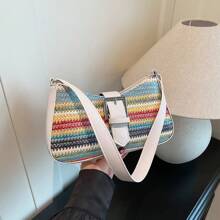 Bolso de hombro de gran capacidad con decoración de arcoíris de paja de primavera, diseño cuadrado minimalista para mujeres