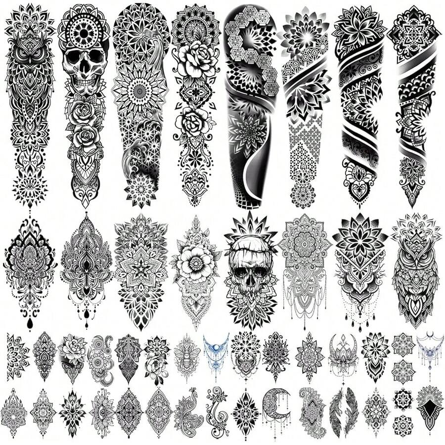 New 48 Waterproof Temporary Tattoos For Alt, Manala Vintage Black Lots Temporary Tattoos For Men Women, Manala Fll Arm Fake Tattoo Bohemia Flower Fake Arm Tattoos For Boys Girls - M-那 - 查看 1
