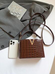 奢侈品牌女士手提包，鳄鱼压纹优质石纹托特包，小众时尚百搭单肩包，2025新款大容量复古休闲街头托特包，极简名媛风亮面高端斜挎包，2025新款优雅大容量妈妈包，时尚个性枕头包，黑勃艮第色系女士包 - 棕色 - 查看 3