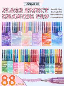 Languo 88 Colors Burst Flash Color Neutral Pen Set Jumbo Capacity Metallic Glitter Gel Pens, Flash Special Effects Highly Attractive Drawing Handbook Pen Highlighter 1mm, Elementary School Students Art Drawing Special Diy Drawing Book Can Be Stacked Color Impermeable Paper High Capacity Highlighter Highlighter Gel-Pen Hand Drawing Pen Can Be Used For Student Marking, School Supplies, Back To School