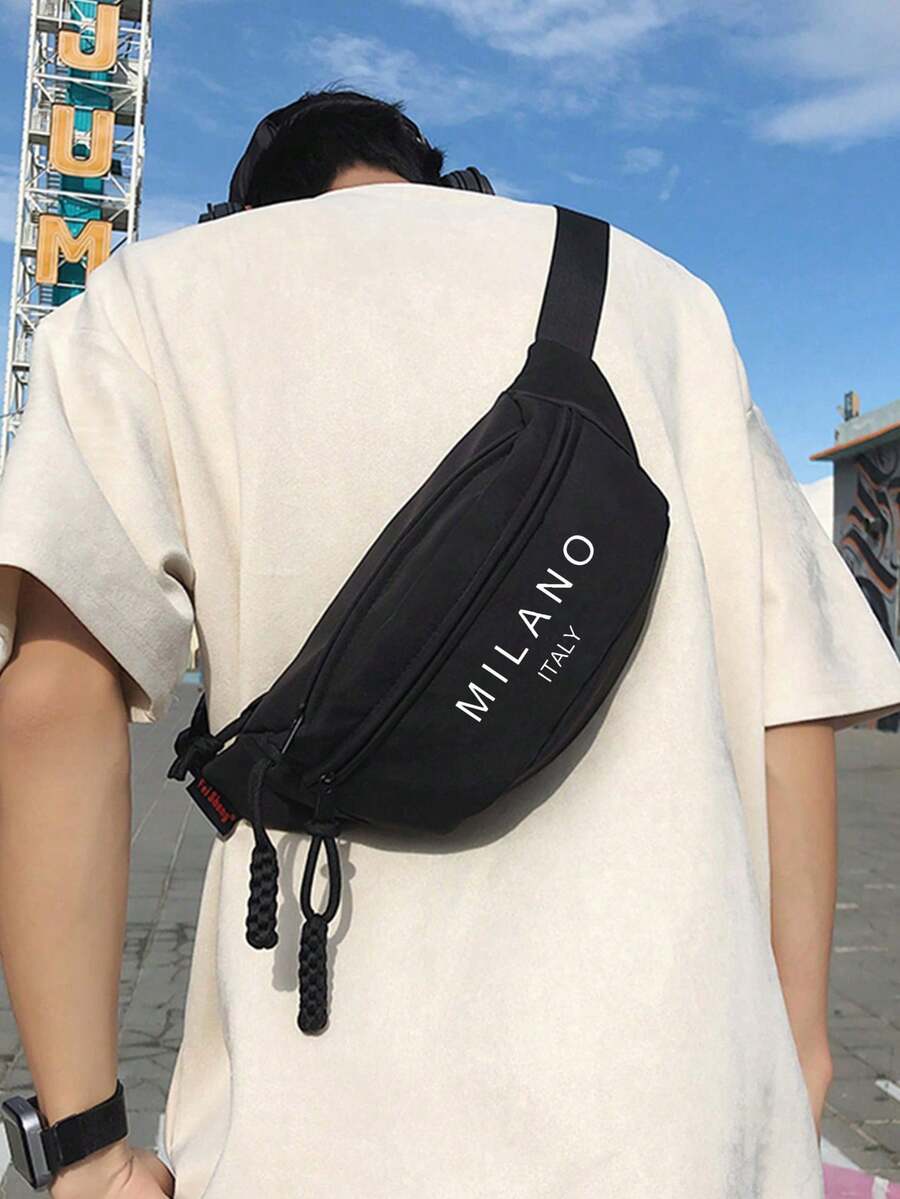 男士时尚胸包，网红同款腰包，大容量优质尼龙单肩包 - 黑色 - 查看 1