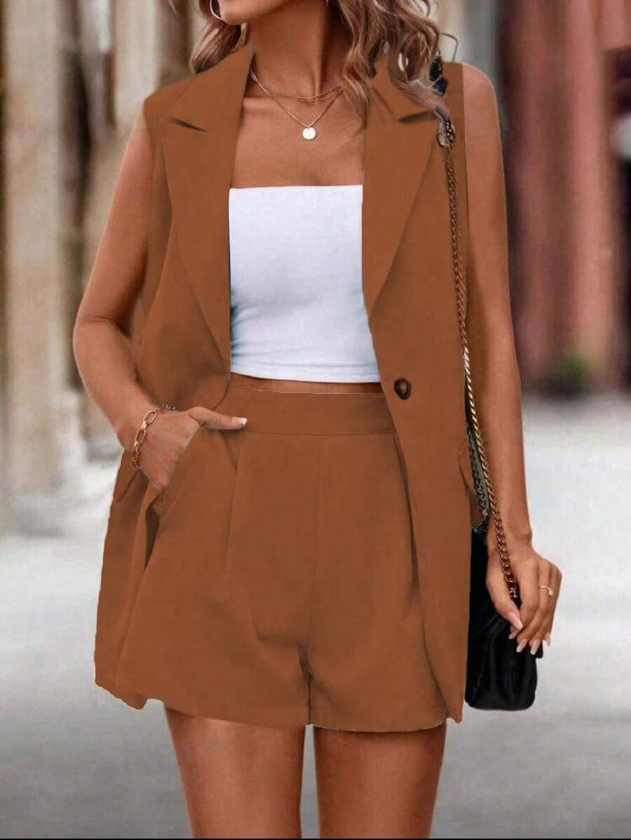 Women's Set Vest With Shorts Blazer Tailored Fabric Wonderful Elegant 2023 - 棕色 - 查看 1
