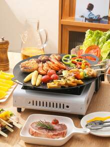 1 Piece 34cm/13.39in 不粘麦饭石风格圆形双柄烤盘，韩式烤盘，烧烤，铁板烧，不粘圆形煎锅，方便烤盘，适用于家庭户外炉灶户外用品非常适合户外烧烤、室内派对、露营野餐、家庭晚餐用品、派对用品