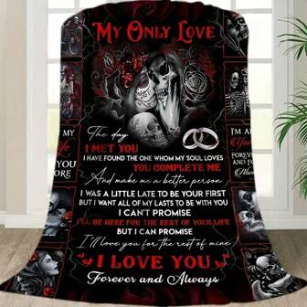 Gothic Skull Couple Flannel Blanket - "To My Lover" Envelope Design With Romantic Quotes, Ultra-Soft & Cozy For All Seasons, Perfect For Sofa, Bed, Office, Camping, Or Travel - Ideal Valentine'S Day, Birthday, Wedding, Anniversary, Halloween Gift, 260gsm