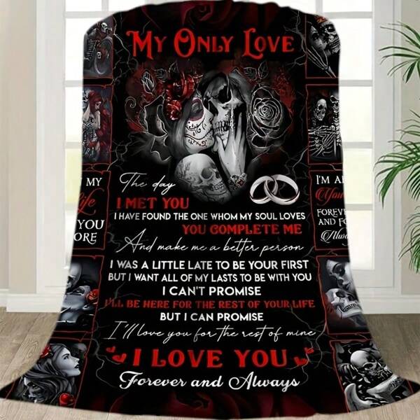 Manta de franela con diseño de pareja de calaveras góticas - "Para mi amor" con diseño de sobre y citas románticas, ultra suave y cálida para todas las estaciones, perfecta para sofá, cama, oficina, camping o viajes - regalo ideal para el Día de San Valentín, cumpleaños, boda, aniversario, Halloween, 260gsm