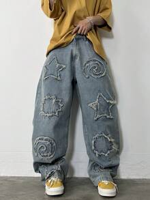 1 件复古美式刺绣磨边阔腿宽松休闲牛仔裤（不含腰带和配饰） - 藍色 - 查看 1