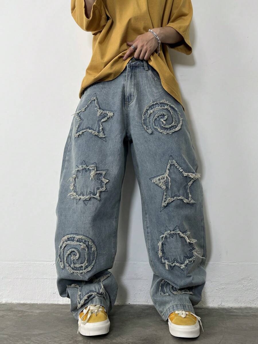 1 件复古美式刺绣磨边阔腿宽松休闲牛仔裤（不含腰带和配饰） - 藍色 - 查看 1