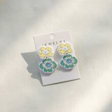 1 Pair Elegant Yellow & Green Floral Doodle Acrylic Drop Earrings, Women Holiday Party