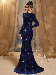 CHOSMO CHOSMO New Autumn Sequins Long Sleeve Orange Prom Dresses Gorgeous Elegant Slim High Waist Elegant Evening Dresses Long Women's Dresses Long Gowns,Navy Blue Dress Women