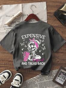 女童印花标语短袖T恤，舒适时尚的夏季上衣，适合年轻学生穿着。 - 深灰色 - 查看 3