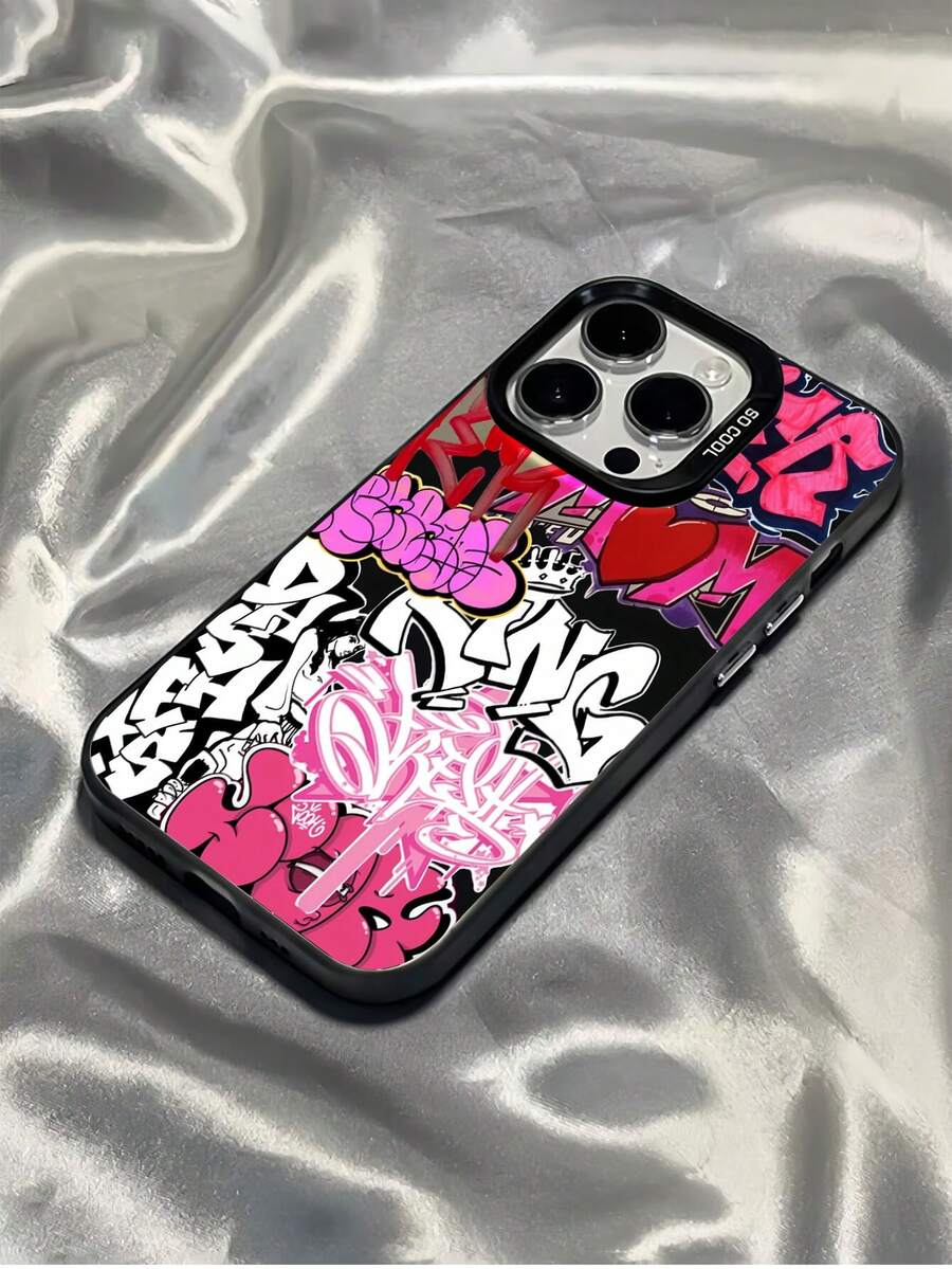 1pc Pink & White Graffiti Pattern Full Coverage TPU Shock-Proof Phone Case, Compatible With Apple 16, 15, 14, 13, 12, 11 Pro Max And Series Waterproof Anti-Fall Scratch Resistant - Multicolor - View 1