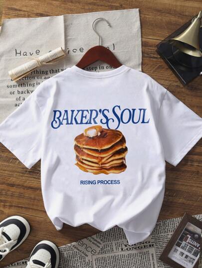 Weiße Damen Lässig Rundhals-T-Shirt mit Kurzarm und Kuchen-Muster für Frühling/Sommer, Alltag