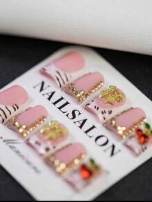 10Pcs Handmade Duck Nails Short Y2K Style Press On Nails With Rhinestones, White Cherry, Gift Box Packaging, French Tip, Summer & Wedding & Prom & Daily Wear & Parties, For Women & Girls, Reusable Easy To Apply - Nailrosy - 紅色 - 查看 1