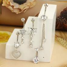Juego de 5 piezas de piercing de ombligo de acero inoxidable chapado en oro blanco/baño de cobre de 18k, con incrustaciones de circonita cúbica brillante en formas de mariposa, corazón y flor para uso diario de las mujeres