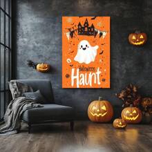 1 Piece,Retro Halloween Cute Ghost With Font 'Halloween Haunt', Modern Frameless Art Decoration Painting, Printed Posters Mural, Waterproof Canvas,Suitable For Home, Office, Bedroom, Living Room, Study, Bathroom, Bar, Wall Arts And Home Decoration, Is An Ideal Holiday GiftV