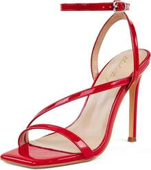 Women's Crystal Stilettos Heeled Sandals, 4 Inch Square Open Toe Strappy Sexy High Heels Ankle Strap Buckle Heels For Party Wedding Dress Daily Wear Shoes - Red - View 6