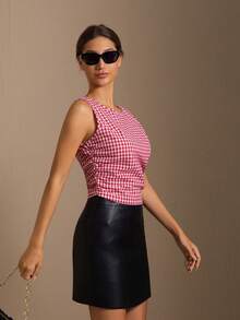 1 pieza Chaleco casual de mujer con cuello redondo, cierre de cremallera y plisado a cuadros, apto para todas las estaciones