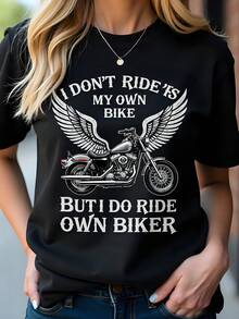 Camiseta gráfica de algodón negro de manga corta y cuello redondo con estampado "No conduzco mi propia bicicleta, pero sí conduzco mi propio motociclista", 180 g, ideal para amantes de las motocicletas, regalo de Acción de Gracias, talla grande para mujer. - Negro - Ver 1