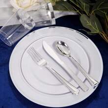 50pcs Silver Plastic Plates, Silver Disposable Dinnerware Set Includes Plates, Dessert/Salad Plates, Silver Forks, Knives And Spoons - Serves 10/25/50 People, Tableware Set Perfect For Weddings, Holidays, Parties