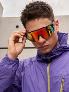 1 pieza Gafas de moda reflectantes y coloridas, con marco degradado y sobresaliente, adecuadas para el verano, festivales, vacaciones, viajes y uso al aire libre - Película de puntos negros/grises/rojos - Ver 5