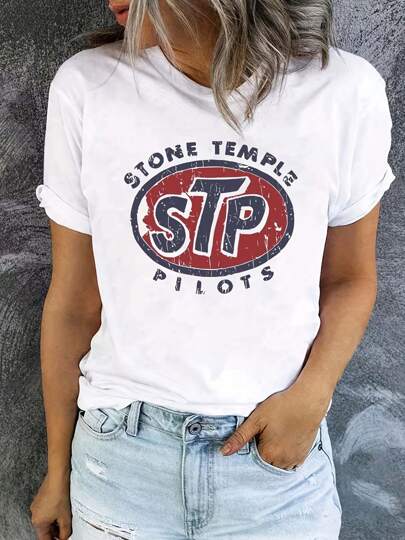 Women's 100% Cotton Comfortable Graphic Band - Inspired Design White Short - Sleeve T - Shirt With Stone Temple Pilots Motif, Casual Style, Suitable For Daily Wear And Summer Vacation Outfits, Ladies T Shirts, Graphic Tees Women, Funny Tshirts Graphic Tees