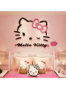Sanrio 1PC Sanrio 3D Acrylic Wall Decal - Pink 3D Hello Kitty, Big Ear Dog Bedroom Decor, Anime Theme Wall Sticker For Room, Living Room, Bedroom Or Living Space, Cute Cartoon Design With Heart Shaped Embellishment, Hello Kitty Room Decor