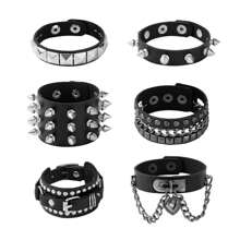 Brazalete de remaches negro multicapa, colgante con forma de corazón, brazalete de cadena con tachuelas, pulsera deportiva punk rock ajustable