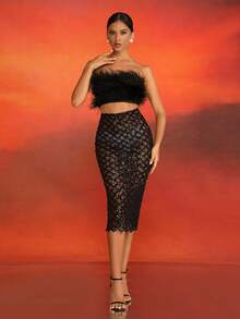 Love Aing Nouveau ensemble de 2 pièces, top court sexy sans manches et jupe en fausse fourrure, convient pour les banquets, les fêtes et les cocktails - Noir - Voir 6