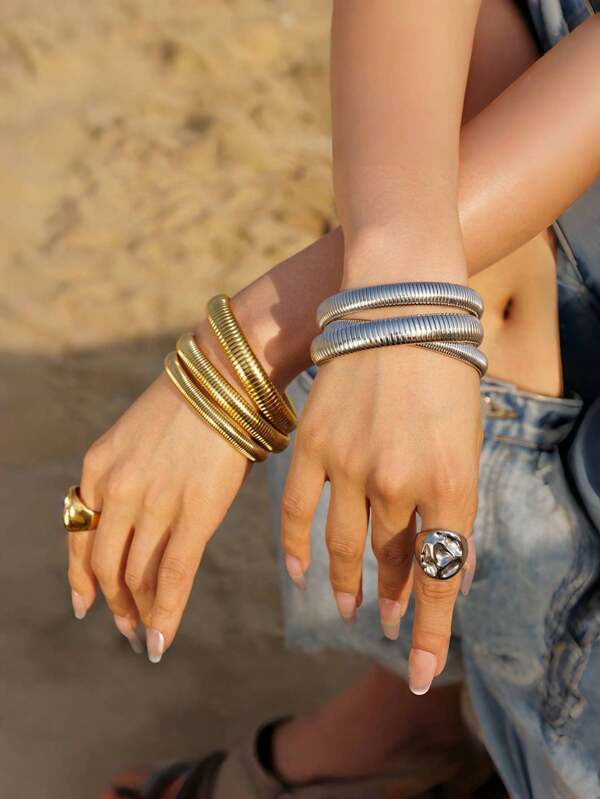 1-2-3 Pieces Gold/Silver Bracelet Set, Thick Stretchy Bangle & Flexible Wide Cuff Bracelets, Great Gift For Family, Friends, Mother's Day, Teachers