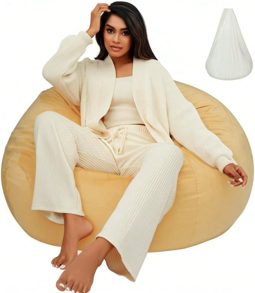 Beanbag Cover With Liner Only Washable 3ft (No Filler) Ultra Soft Velvety Luxurious Stretch Microfiber Suede Beanbag Chair Cover 3ft For Adults Indoor Pear Style Large - Peach Pink - 粉色 - 查看 1