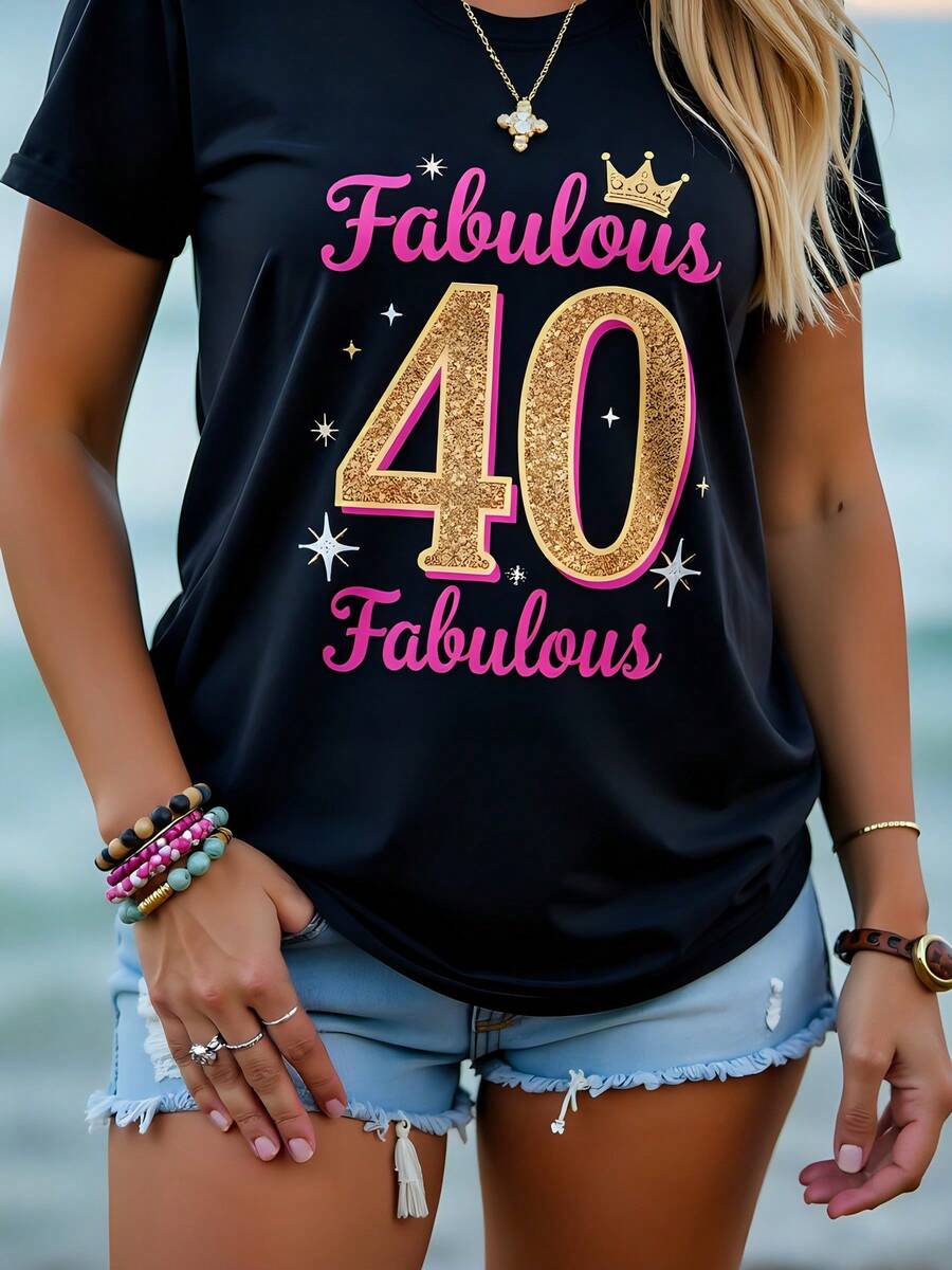 Celebre su 40 cumpleaños fabuloso. Camiseta gráfica de manga corta con cuello redondo de algodón negro para mujer, 180 g, con diseño brillante y purpurina. Perfecta para fiestas de cumpleaños. Tallas grandes. - Negro - Ver 1