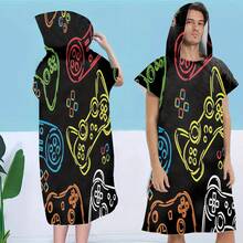 1 Pc Gamer Theme Microfiber Hooded Beach Towel - Vibrant Game Controller Design, Soft & Durable Polyester Bath Robe, Suitable For Swimming, Travel And Beach Vacation - Multicolor - View 4