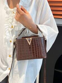 奢华女士手提包，品牌托特包，鳄鱼压纹优质石纹手提包，2025新款时尚小众百搭大容量单肩包，INS复古休闲街头风手提包，夏季亮面高端品质斜挎包，2025新款高档盖面鳄鱼纹大容量女士手提包，时尚质感个性女包，枕头包 - 棕色 - 查看 4