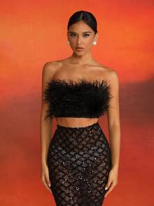 Love Aing Nouveau ensemble de 2 pièces, top court sexy sans manches et jupe en fausse fourrure, convient pour les banquets, les fêtes et les cocktails - Noir - Voir 7