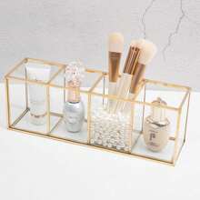 Premium Glass Makeup Brush Organizer With Gold Rim Cosmetic Brush Holder For Lipstick Eyeliners Waterproof Dustproof Storage Box