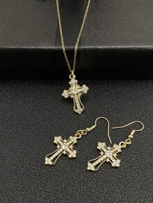 1 ketting + 1 paar oorbellen, donkere stijl, diamanten kruishanger, oorbellen, opengewerkte punkstijl sieradenset voor dames