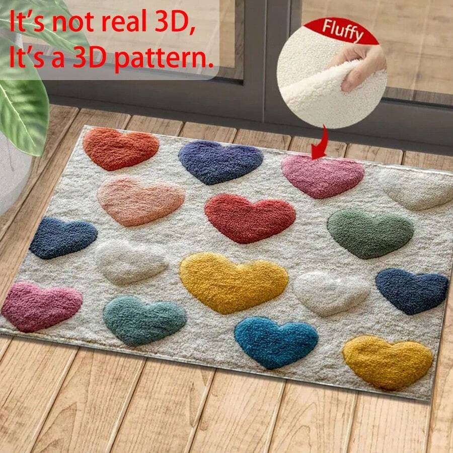 1pc Heart Pattern Design Super Soft Microfiber Bath Mat, Non-Slip, Ultra Plush, Washable, Low Pile, TPR Backing, Knitted Fabric, Suitable For Bathroom, Bedroom, Kitchen, Entryway, Indoor & Outdoor, Housewarming Gift, Home Bathroom Decor, Outdoor Rug, Doormat, Autumn Decor, Back To School Entryway Decor - Multicolor - View 1