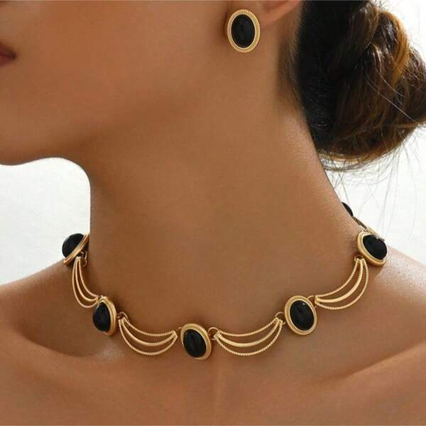 2pcs Vintage Style Black Oval Elegant High-End Necklace And Earrings Set For Women