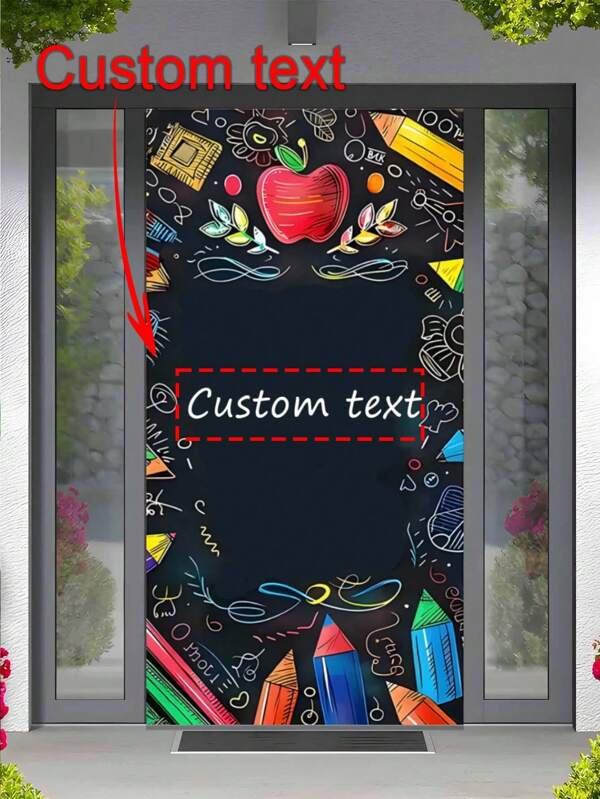 1 pieza Cortina de puerta de regreso a la escuela - Texto personalizable, diseño de útiles escolares coloridos y manzana roja, sin necesidad de electricidad, decoración escolar, estampado educativo divertido, tela de fácil cuidado, material duradero, decoración estacional, imprescindible para el nuevo año escolar
