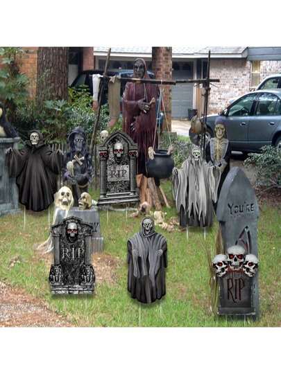6-Piece Halloween Yard Sign Set, Plastic Outdoor Lawn Decorations, Spooky Ghosts And Tombstones For Garden Party Decor, No Electricity Or Feathers Required