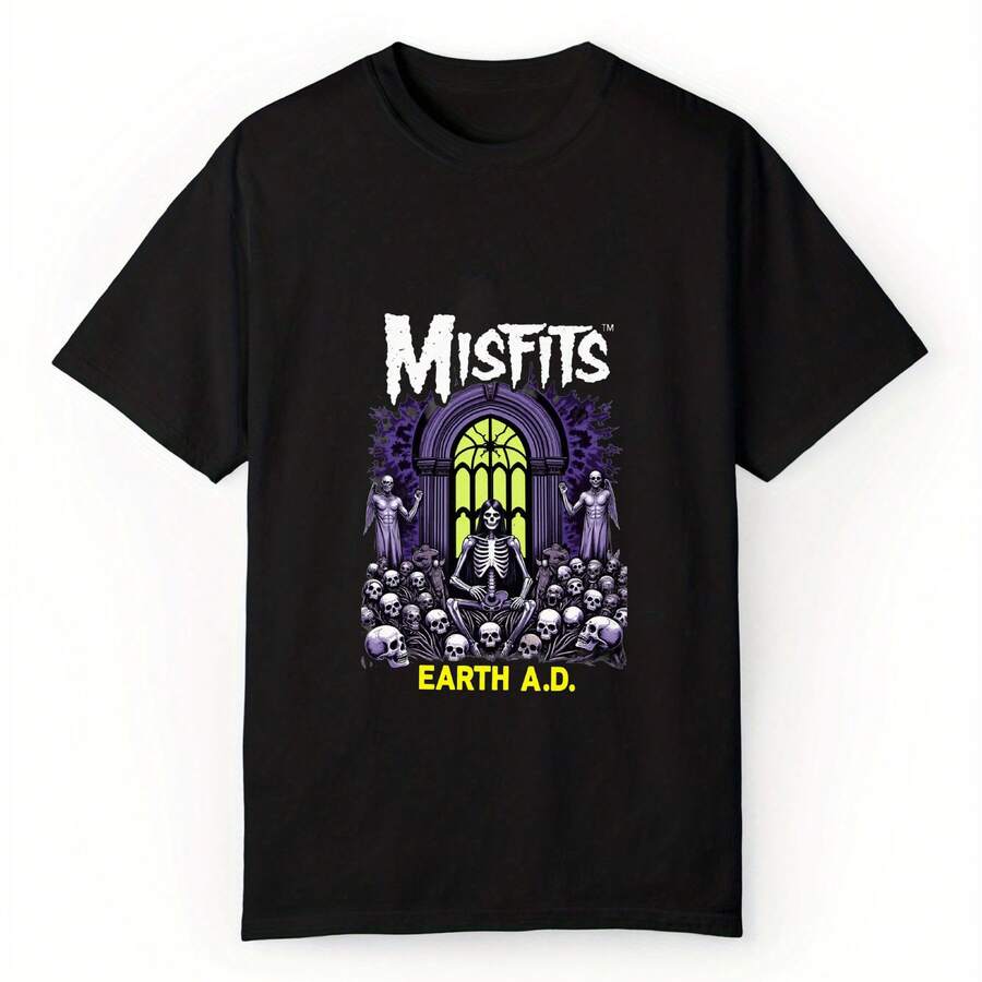 Short Sleeve Black T-Shirt With Misfits Earth A.D. Graphic For Casual Wear - màu đen - Xem 1