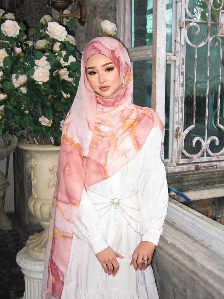 1件长款印花披肩式头巾，高级渐变大理石水印优雅女士头巾围巾，适合搭配连衣裙 - 彩色 - 查看 1