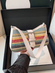 Bolso de hombro de gran capacidad con decoración de arcoíris de paja de primavera, diseño cuadrado minimalista para mujeres
