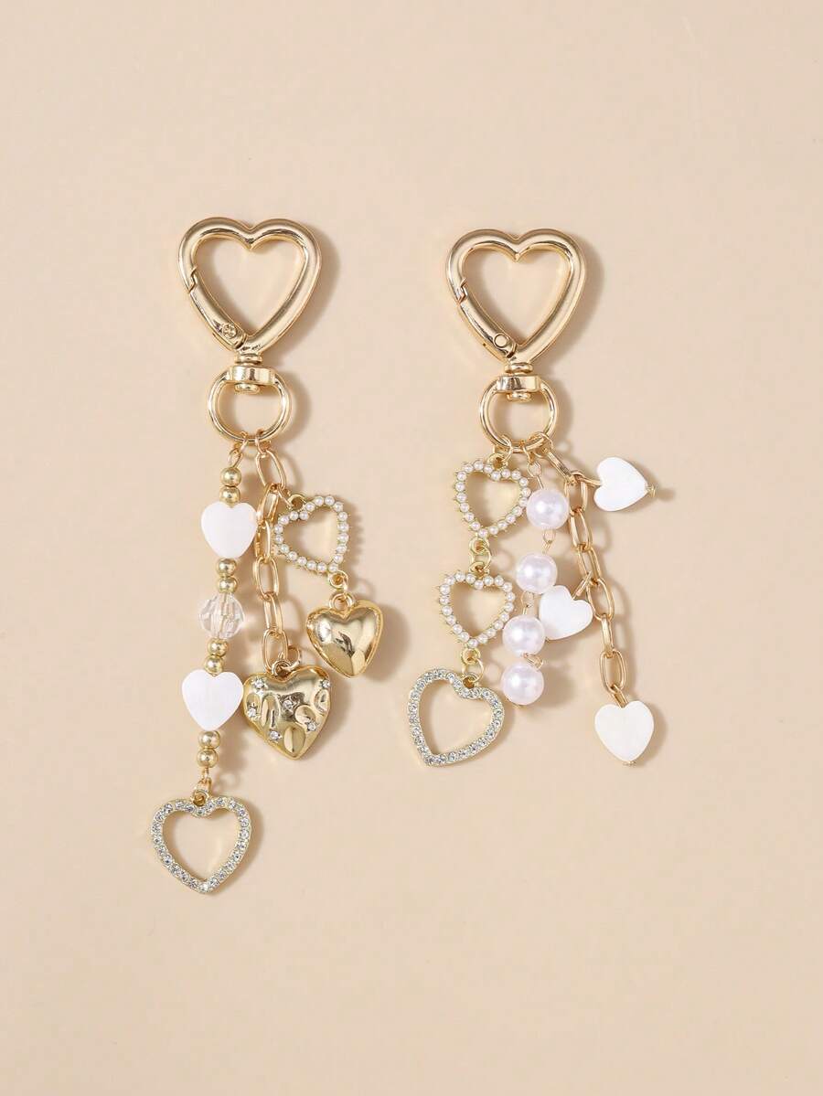 1pc Creative Faux Pearl Tassel Hollow Heart Key Chain, Everyday Accessory Car Accessories Bag Charm Backpack For School - Multicolor - View 1