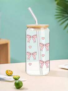 1 Stück 16oz transparenter Kaffeebecher mit rosa Schleifen Muster, inklusive Bambusdeckel und Strohhalm, große Kapazität für unterwegs, geeignet für Sommer und Winter, Geburtstags-, Feiertags- und Weihnachtsgeschenk, Glaswasserflasche, Becher, Eiskaffe Becher, süßes Produkt