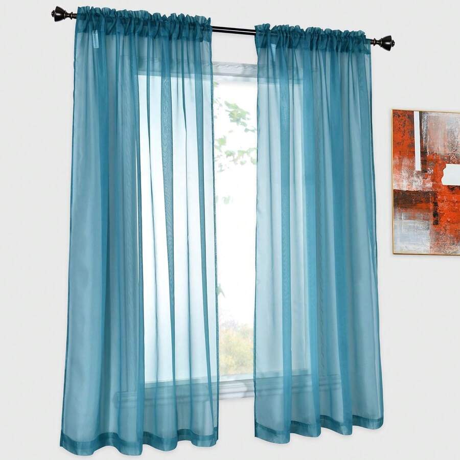 Sheer Teal Curtains 45 Inches Long For Kitchen Small Windows Rod Pocket Voile Sheer Window Panels Drapes For Kids Room 1 Pair Sets 52 Inch X 45 Inch - Teal Blue - View 1
